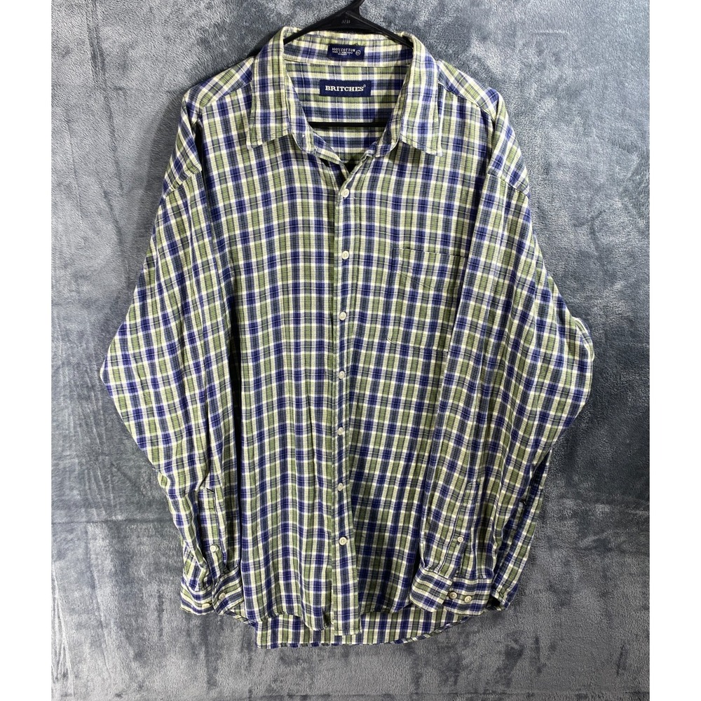 Vintage Britches Shirt Men 2XL Green Blue Plaid Button Down Classic Fit Preppy